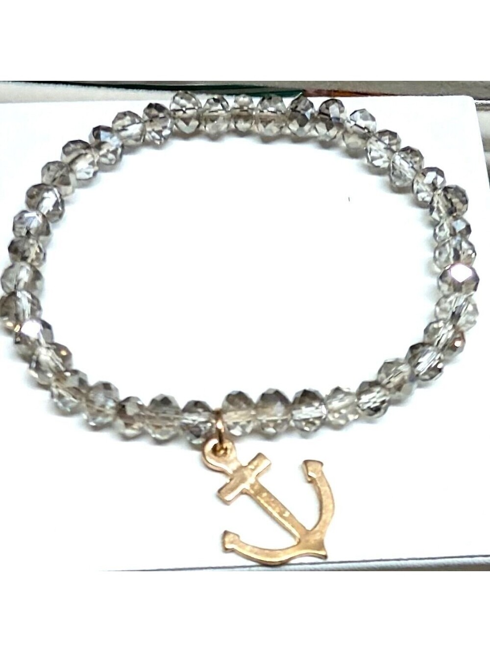 Anchor Charm Beaded Stretch Bracelet Clear Gray Gold Silver Nautical Coastal